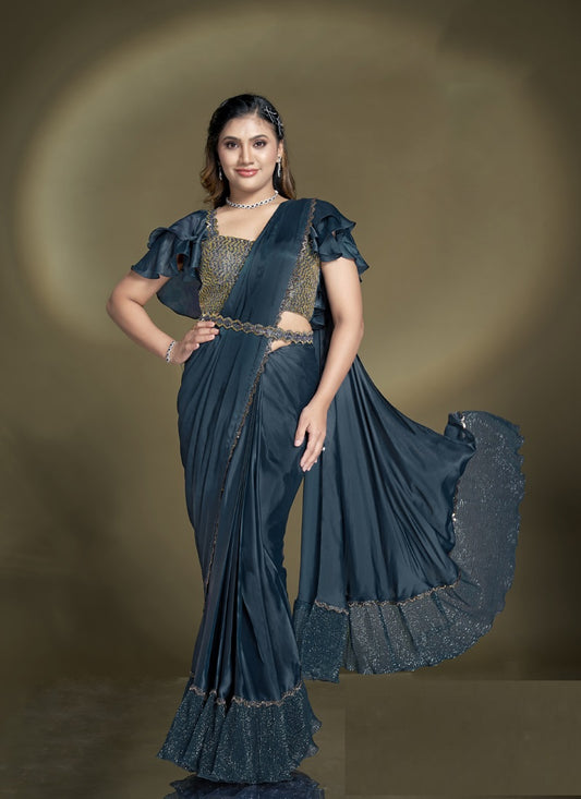 Peacock Blue Crape Satin Silk Designer Ready To Wear Saree