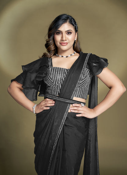 Black Two Tone Satin Silk  Designer Ready To Wear Saree