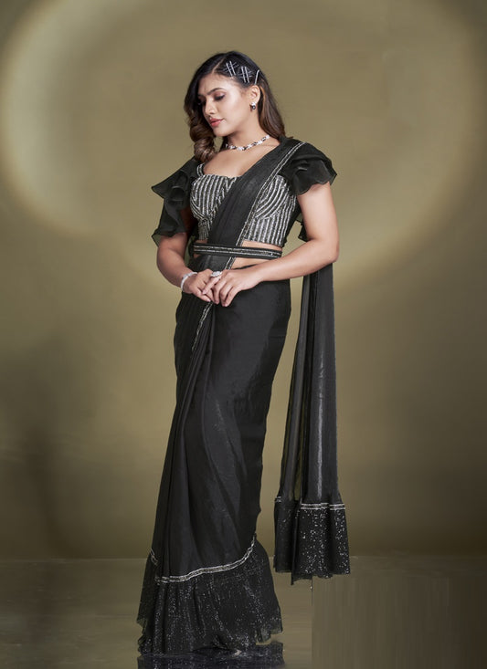 Black Two Tone Satin Silk  Designer Ready To Wear Saree