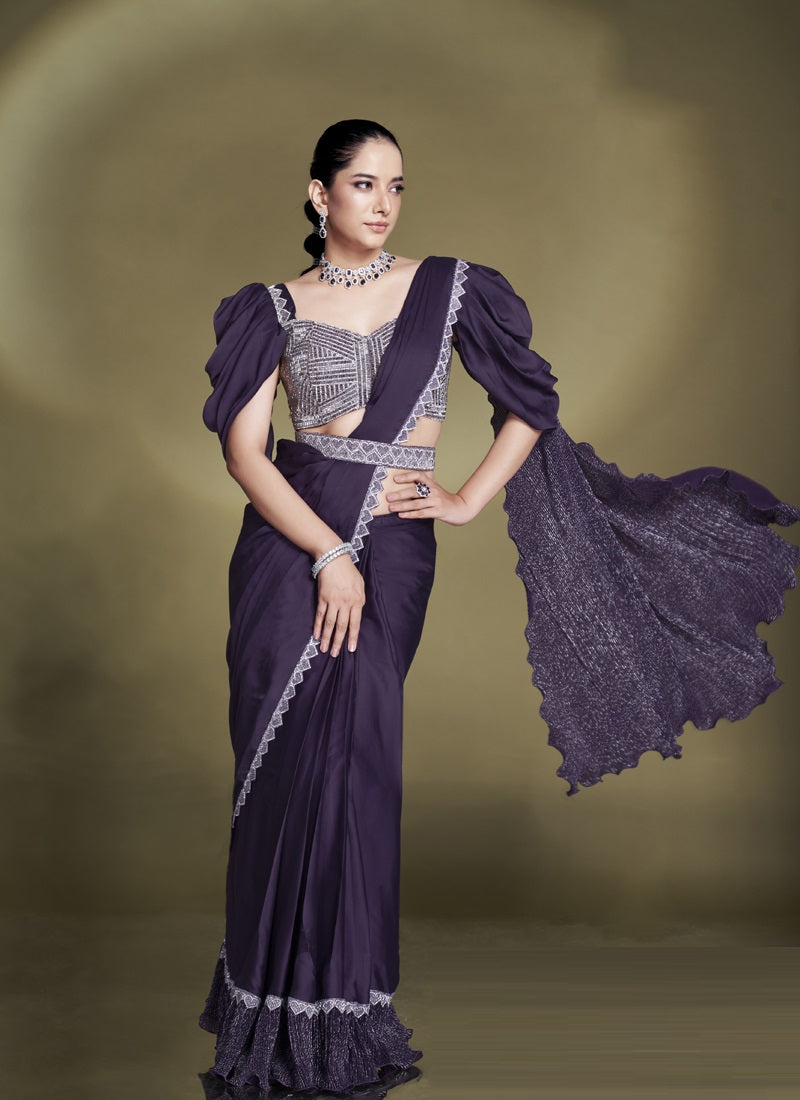 Wine Crape Satin Silk Designer Ready To Wear Saree