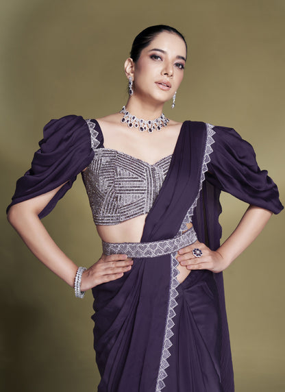 Wine Crape Satin Silk Designer Ready To Wear Saree