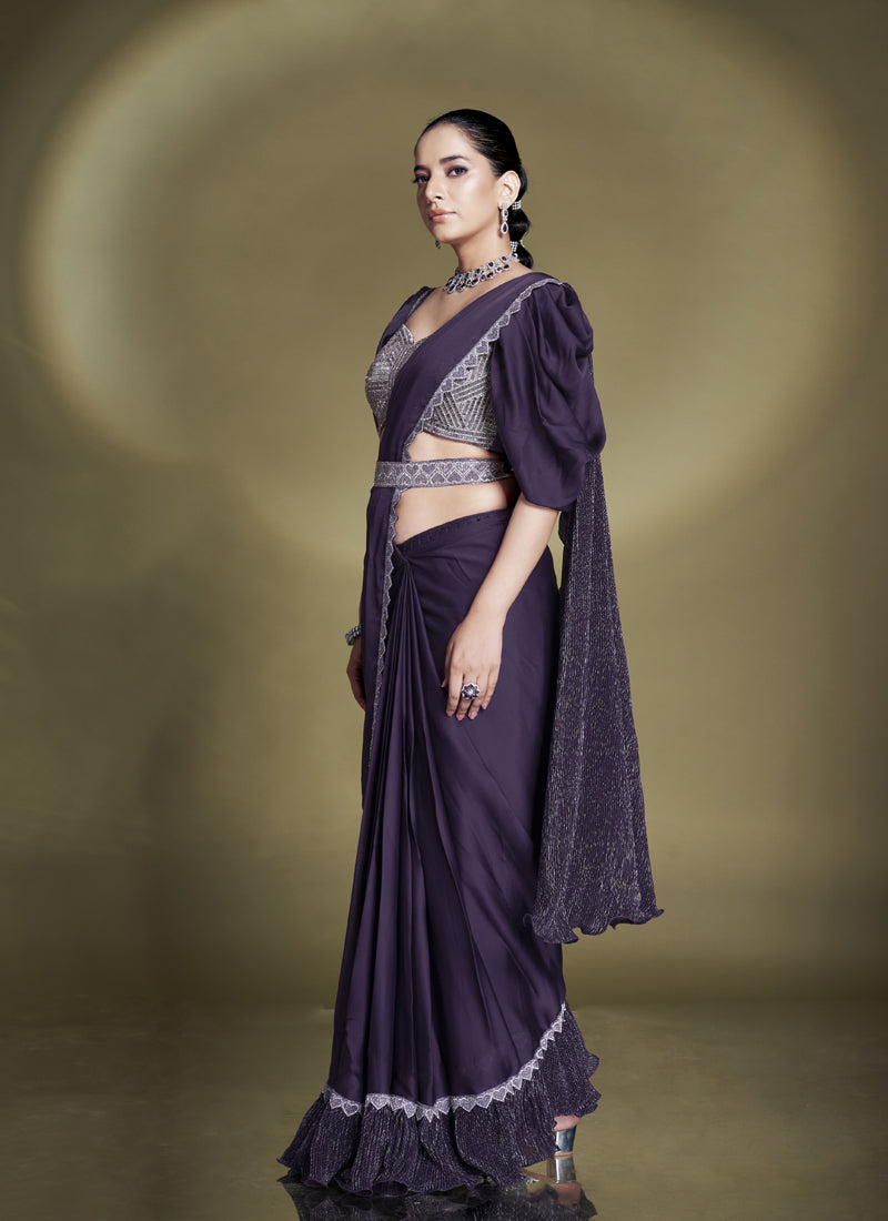 Wine Crape Satin Silk Designer Ready To Wear Saree