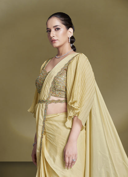 Cream Crape Satin Silk Designer Ready To Wear Saree