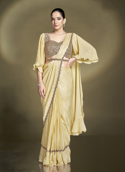 Cream Crape Satin Silk Designer Ready To Wear Saree