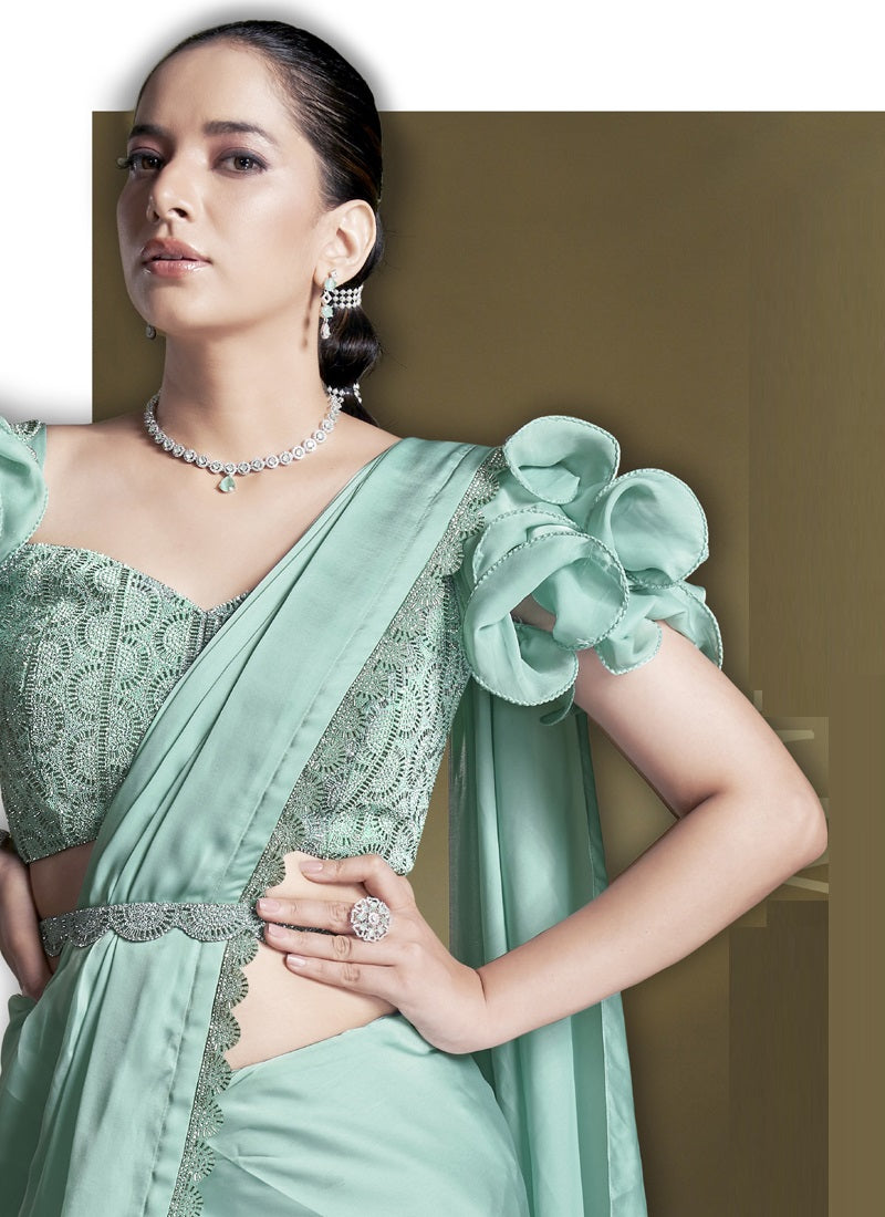 Turquoise Crape Satin Silk Designer Ready To Wear Saree