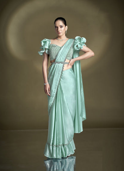 Turquoise Crape Satin Silk Designer Ready To Wear Saree
