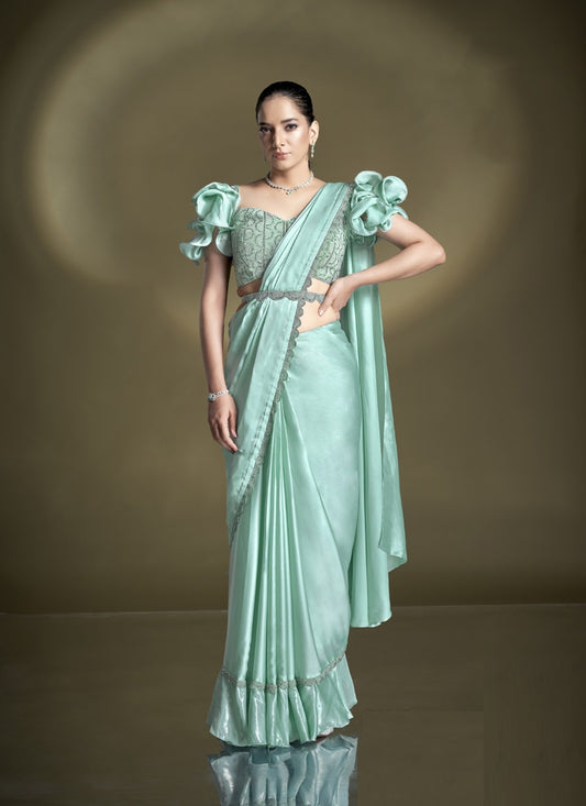 Turquoise Crape Satin Silk Designer Ready To Wear Saree