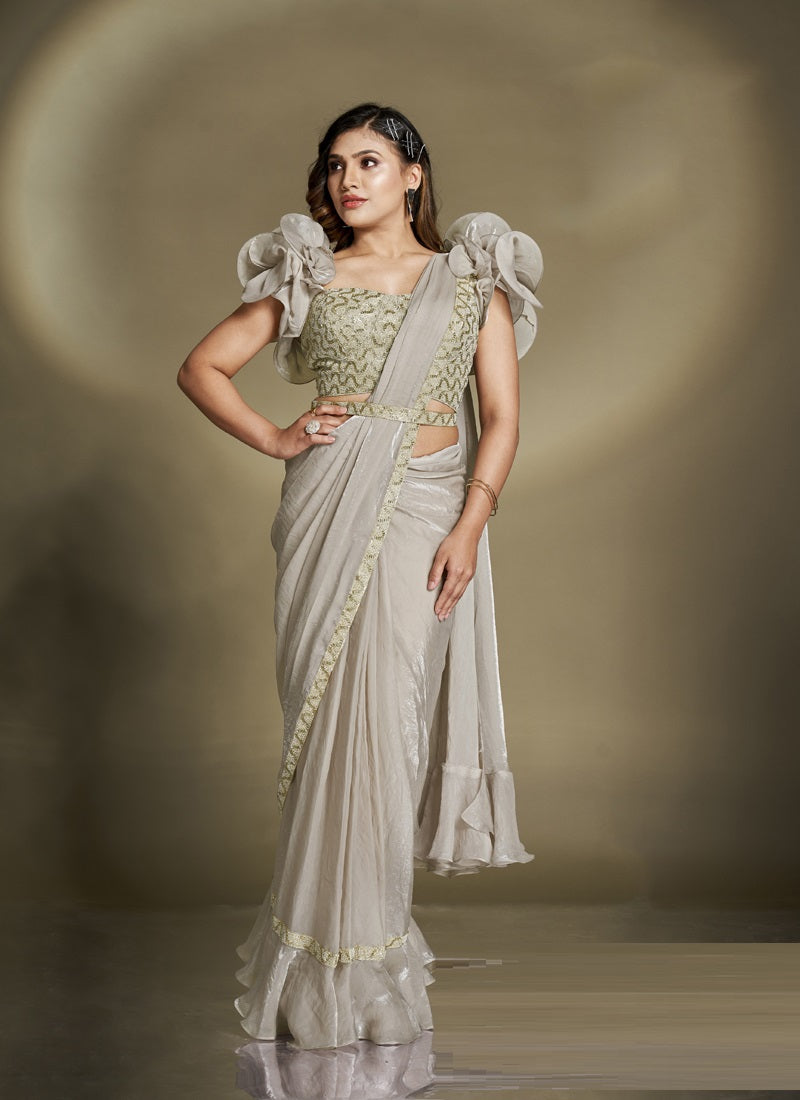 Beige Two Tone Satin Silk Designer Ready To Wear Saree