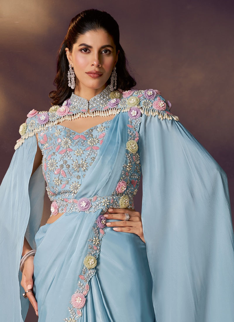 Sky Blue Satin Silk Sequence Embroidery, Designer Blouse, Cape, Belt Party Wear Saree