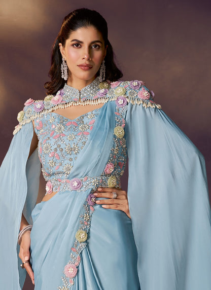 Sky Blue Satin Silk Sequence Embroidery, Designer Blouse, Cape, Belt Party Wear Saree