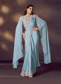 Sky Blue Satin Silk Sequence Embroidery, Designer Blouse, Cape, Belt Party Wear Saree