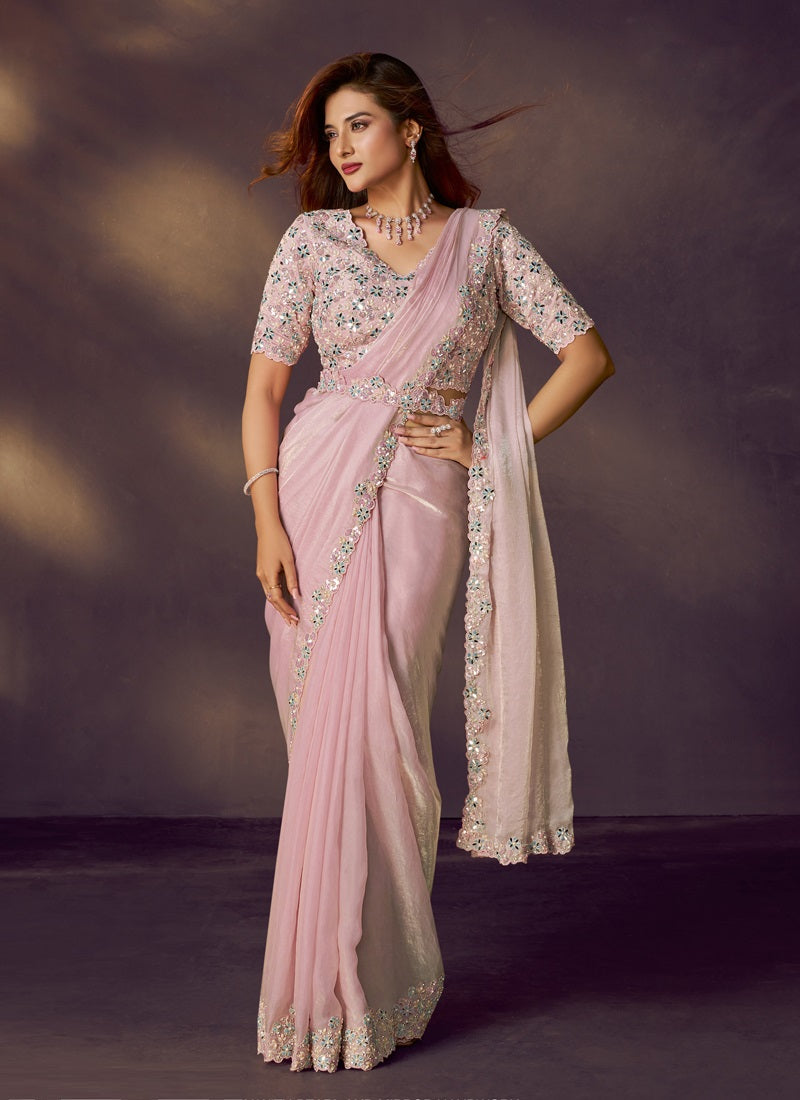 Baby Pink Satin Silk Dual Sequins Embroidery With Designer Blouse & Belt Party Wear Saree