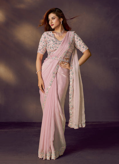 Baby Pink Satin Silk Dual Sequins Embroidery With Designer Blouse & Belt Party Wear Saree