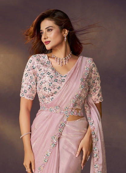 Baby Pink Satin Silk Dual Sequins Embroidery With Designer Blouse & Belt Party Wear Saree
