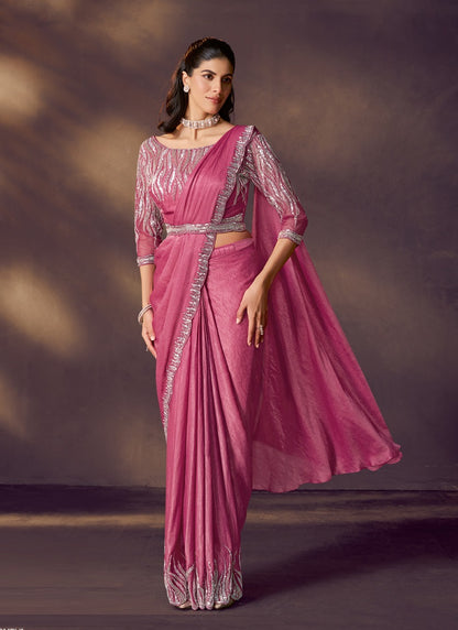 Onion Pink Crush Satin Silk Sequins With Designer Blouse & Belt Ready To Wear Saree