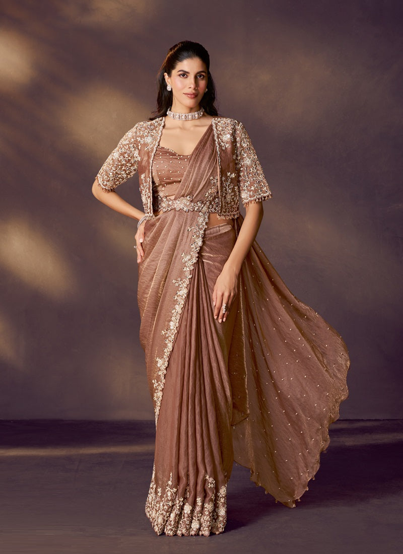 Brown Satin Silk Sequins Embroidery, Stone, Jacket, Belt With Designer Blouse Ready To Wear Saree