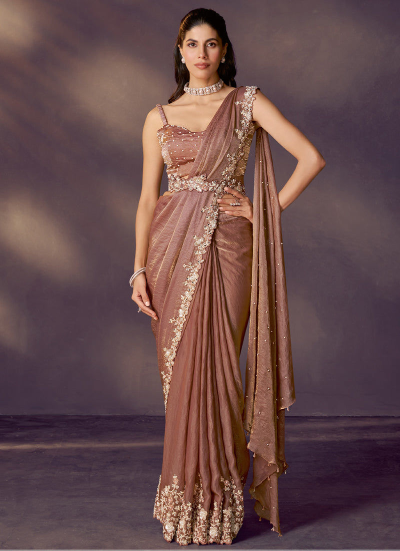 Brown Satin Silk Sequins Embroidery, Stone, Jacket, Belt With Designer Blouse Ready To Wear Saree