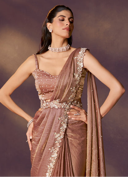 Brown Satin Silk Sequins Embroidery, Stone, Jacket, Belt With Designer Blouse Ready To Wear Saree