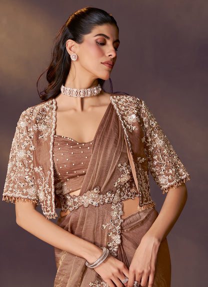 Brown Satin Silk Sequins Embroidery, Stone, Jacket, Belt With Designer Blouse Ready To Wear Saree