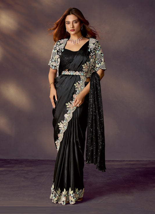 Black Soft Satin Silk Mirror With Designer Blouse, Jacket, Belt Ready To Wear Saree