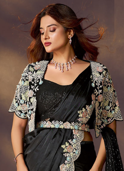 Black Soft Satin Silk Mirror With Designer Blouse, Jacket, Belt Ready To Wear Saree