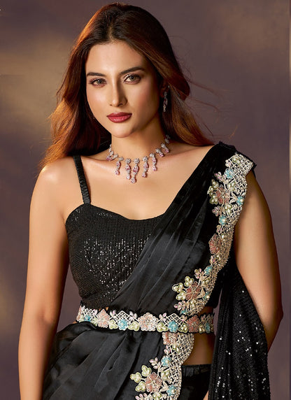 Black Soft Satin Silk Mirror With Designer Blouse, Jacket, Belt Ready To Wear Saree