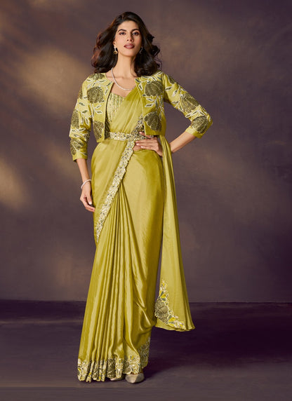 Lemon Satin Silk Sequins Embroidery With Blouse, Jacket, Belt Designer Ready To Wear Saree