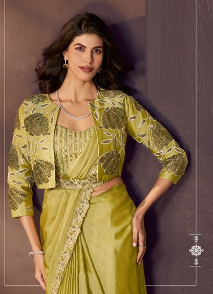Lemon Satin Silk Sequins Embroidery With Blouse, Jacket, Belt Designer Ready To Wear Saree