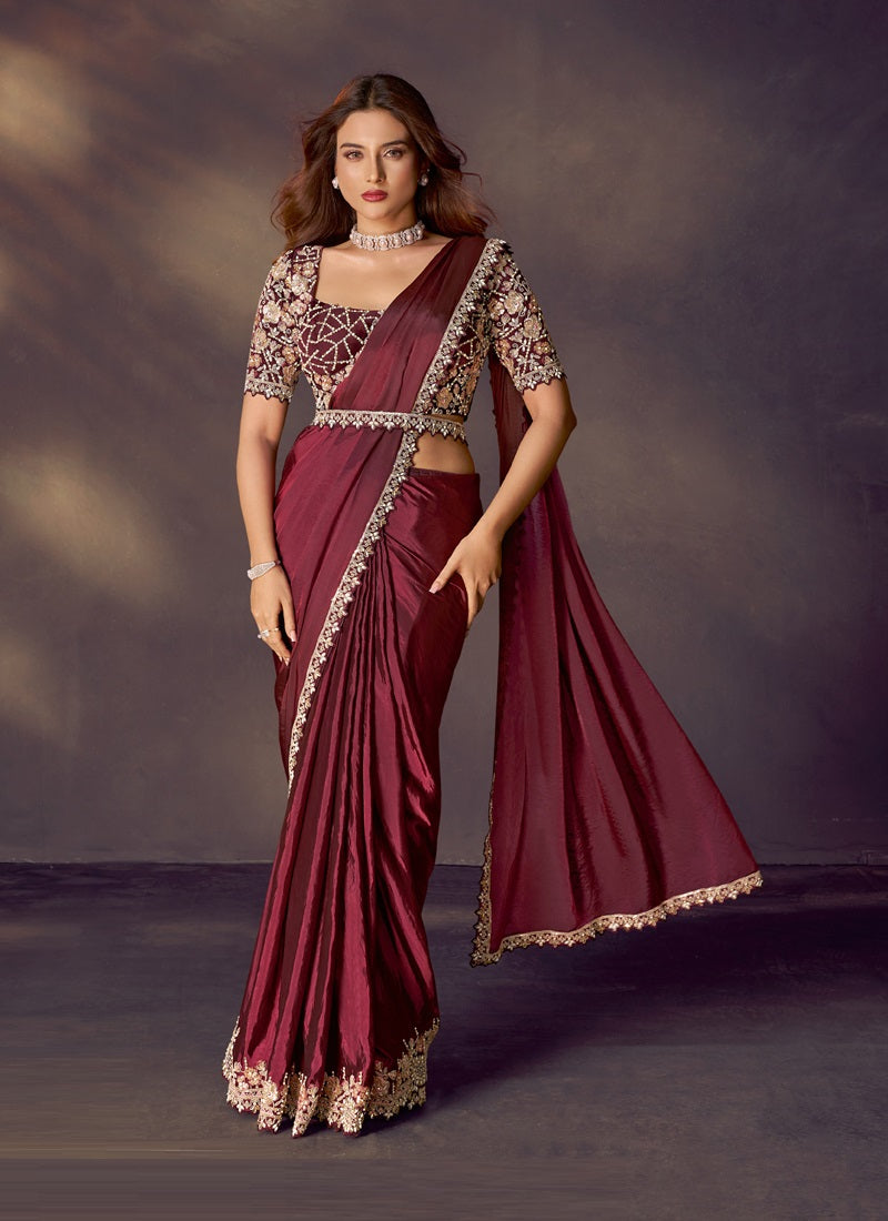 Maroon Soft Silk Dual Sequins Embroidery With Blouse & Belt Designer Party Wear Saree