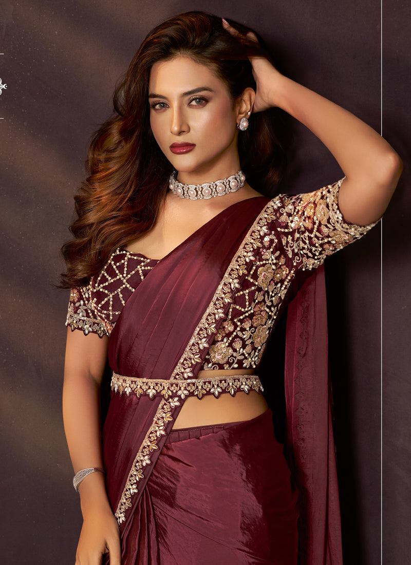 Maroon Soft Silk Dual Sequins Embroidery With Blouse & Belt Designer Party Wear Saree