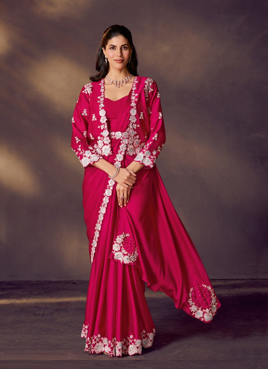 Rani Soft Satin Silk Sequins Embroidery With Blouse, Jacket, Belt Designer Ready To Wear Saree