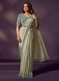 Pista Green Soft Silk Dual Beads Embellished, Stone, With Blouse, Belt Designer Ready To Wear Saree