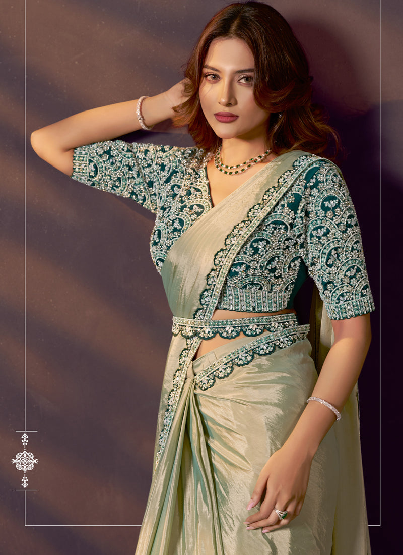 Pista Green Soft Silk Dual Beads Embellished, Stone, With Blouse, Belt Designer Ready To Wear Saree