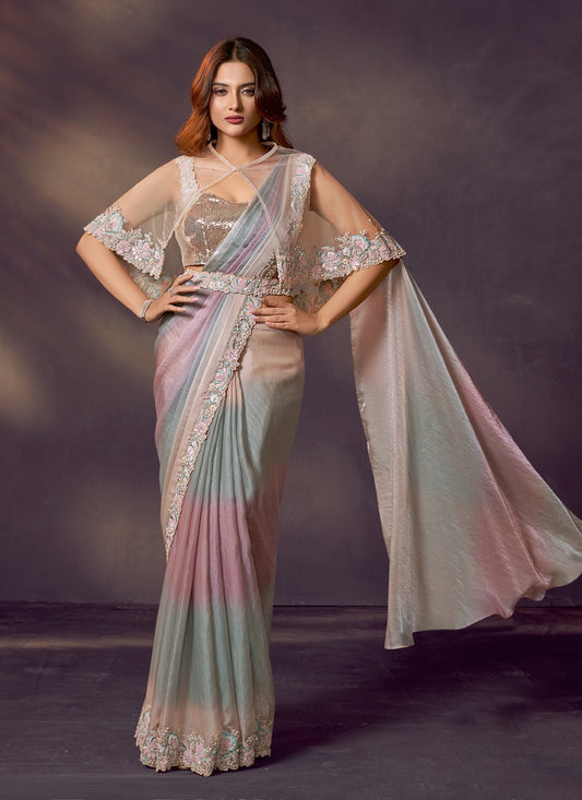 Shaded Multi Color Satin Silk Dual Sequins, With Blouse &  Poncho, Belt Designer Ready To Wear Saree