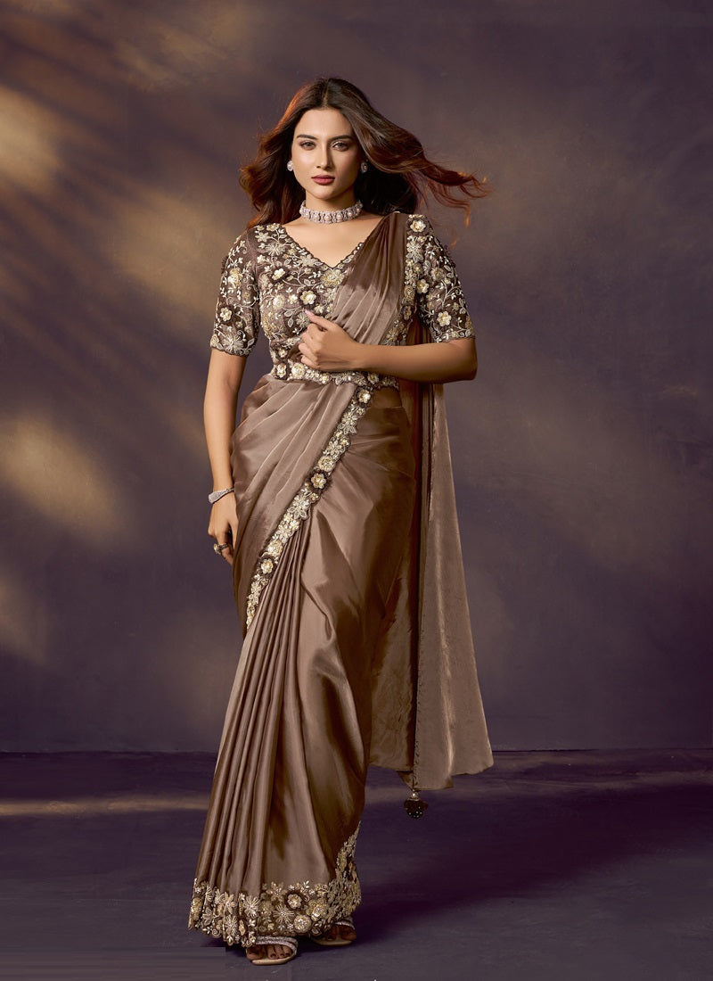 Coffee Soft Silk Sequins Embroidery With Designer Blouse & Belt Ready To Wear Saree