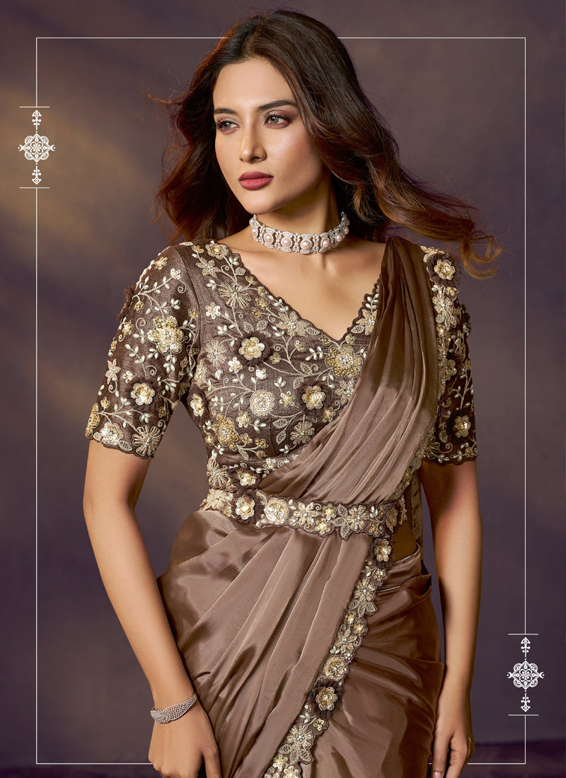 Coffee Soft Silk Sequins Embroidery With Designer Blouse & Belt Ready To Wear Saree