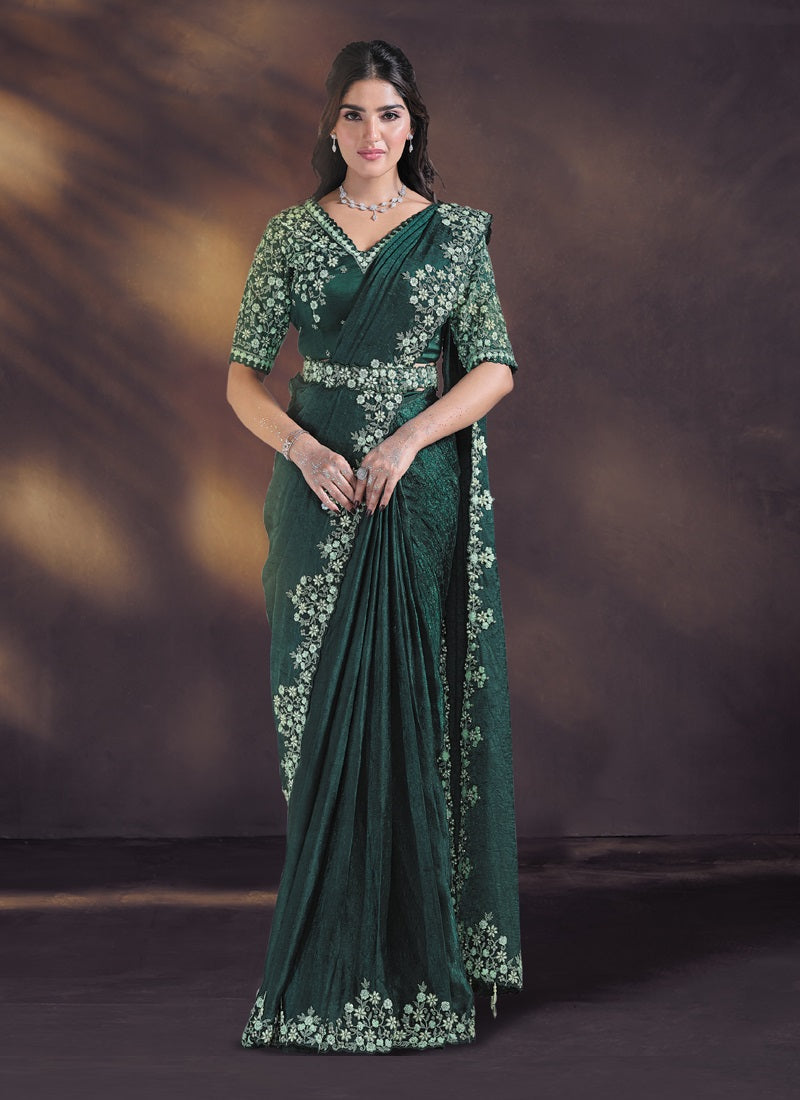 Green Satin Silk Sequins, Hand work With Blouse, Belt Designer Ready To Wear Saree