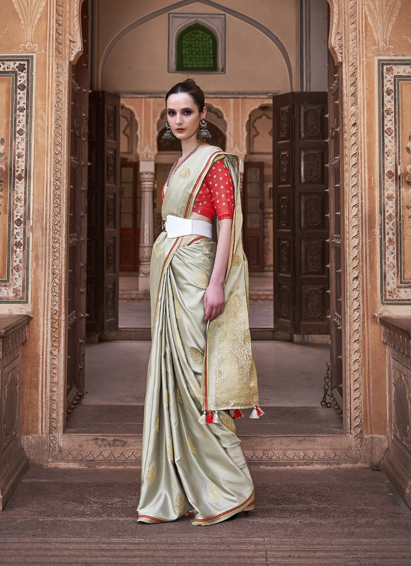 Beige Pure Satin With Zari Weaving & Tussle Festival Wear Saree