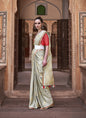 Beige Pure Satin With Zari Weaving & Tussle Festival Wear Saree