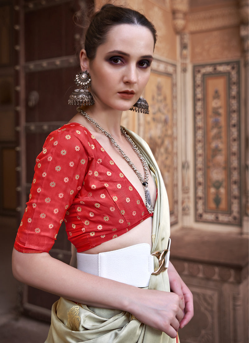 Beige Pure Satin With Zari Weaving & Tussle Festival Wear Saree