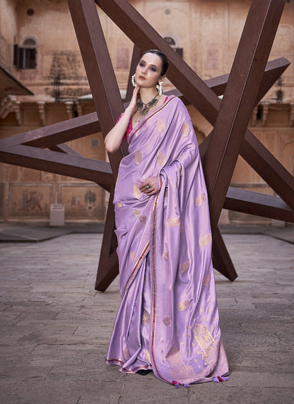 Lavender Pure Satin With Zari Weaving & Tussle Festival Wear Saree
