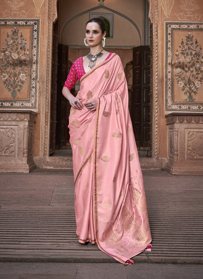 Baby Pink Pure Satin With Zari Weaving & Tussle Festival Wear Saree