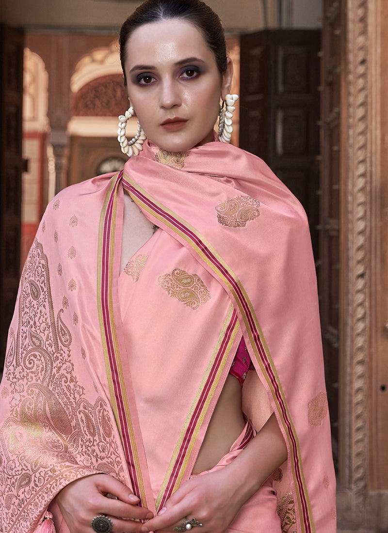 Baby Pink Pure Satin With Zari Weaving & Tussle Festival Wear Saree
