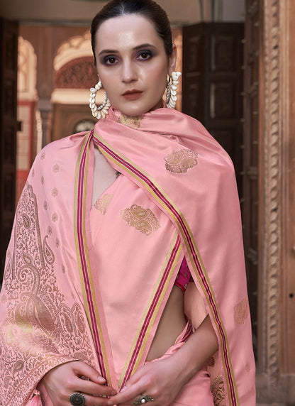 Baby Pink Pure Satin With Zari Weaving & Tussle Festival Wear Saree