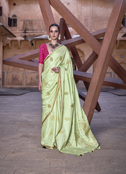 Pista Pure Satin With Zari Weaving & Tussle Festival Wear Saree