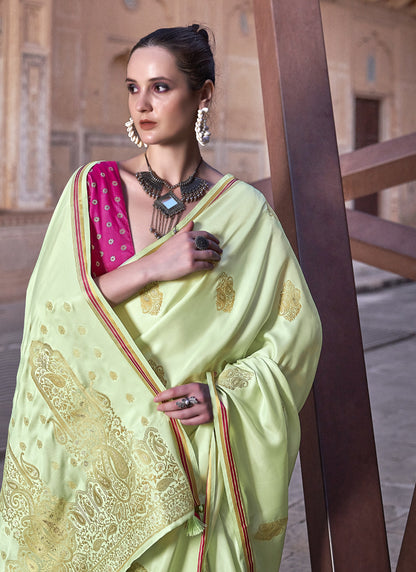 Pista Pure Satin With Zari Weaving & Tussle Festival Wear Saree