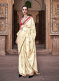 Cream Pure Satin With Zari Weaving & Tussle Festival Wear Saree