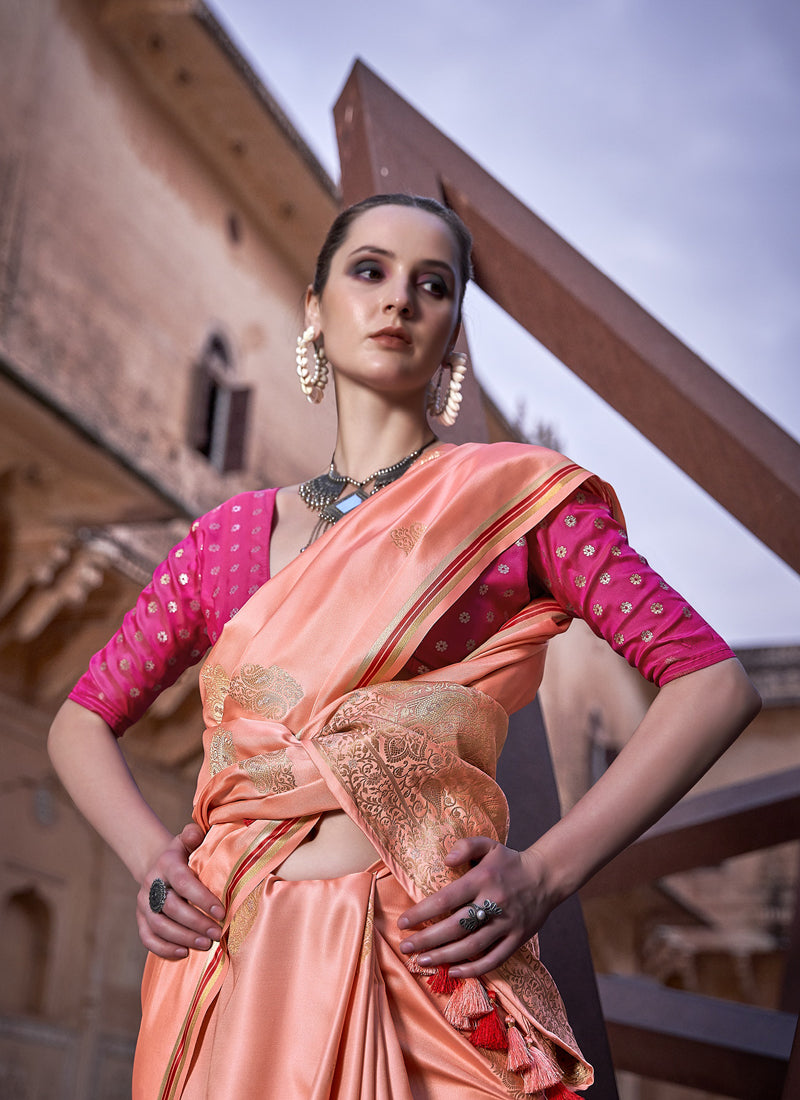 Peach Pure Satin With Zari Weaving & Tussle Festival Wear Saree