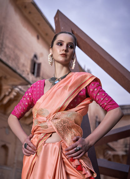 Peach Pure Satin With Zari Weaving & Tussle Festival Wear Saree