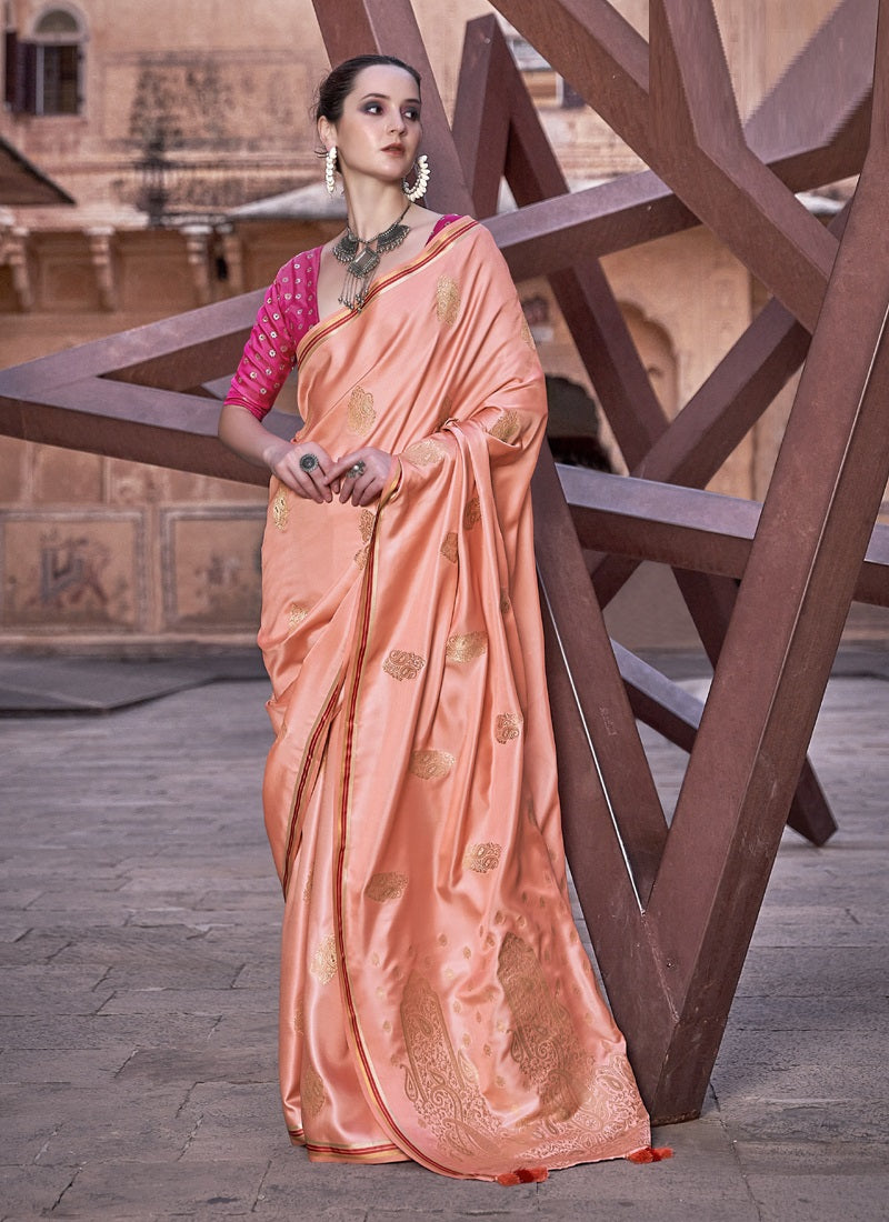 Peach Pure Satin With Zari Weaving & Tussle Festival Wear Saree
